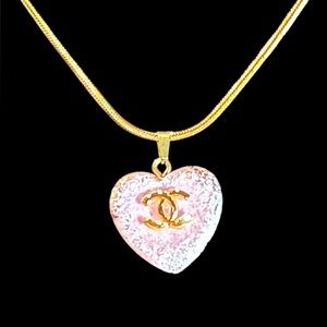 Upcycled Gold Tone Necklace with Pink Heart Pendant